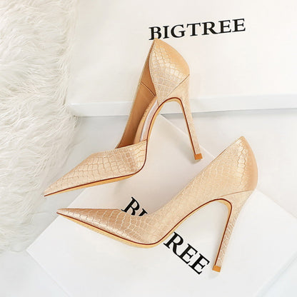 Thin heeled super high heels with shallow side hollow snake pattern silk high heels for women
