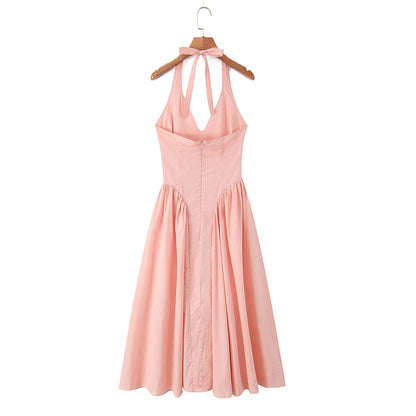 Elegant waist cinched backless neck hanging mid length dress