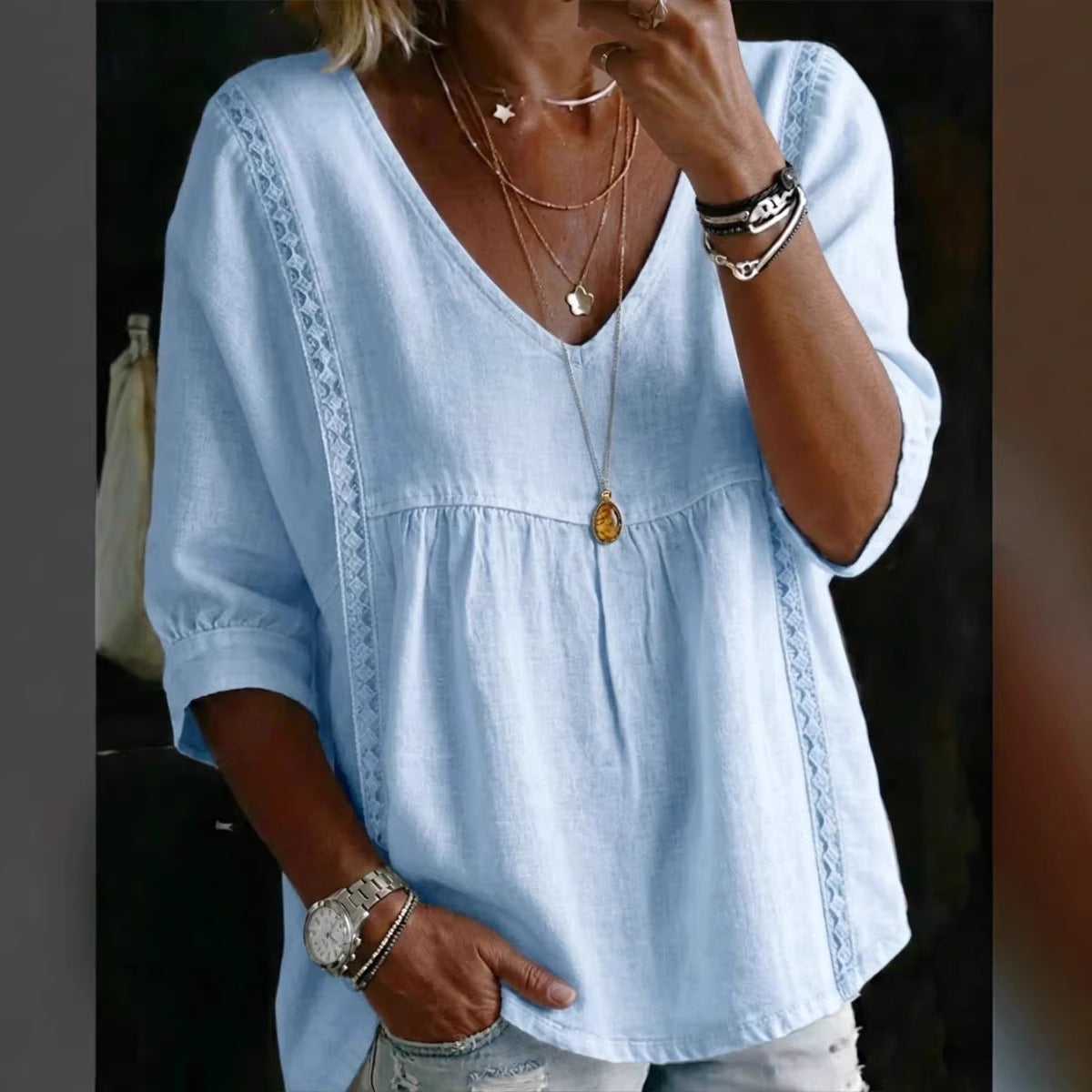 Casual Women's Sleeve Ruffled V-Neck Pullover Top in Multiple Colors
