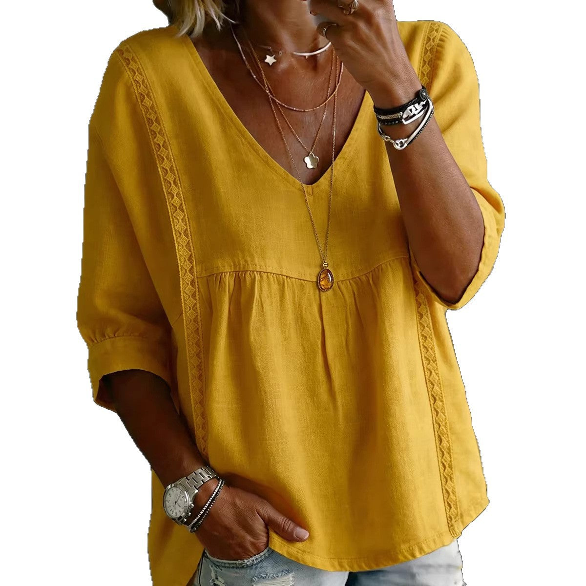 Casual Women's Sleeve Ruffled V-Neck Pullover Top in Multiple Colors