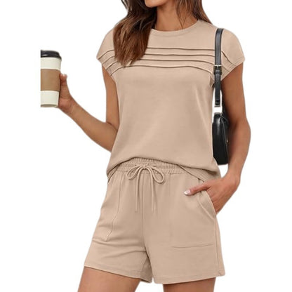Summer New Fashion Striped Casual Top and Shorts Solid Color Set for Women