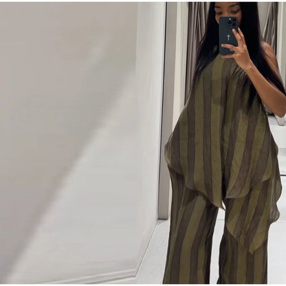 Y2K Green Stripe Long Pant Sets For Women 2026 Spring Summer Halter Vest Top Wide Leg Pant 2 Piece Sets Lady Chic Holiday Outfit