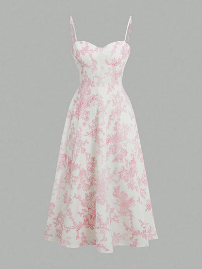 Elegant Pink Floral Print Dress with Thin Straps and a Flared Waist