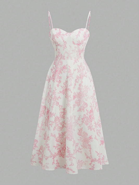 Elegant Pink Floral Print Dress with Thin Straps and a Flared Waist
