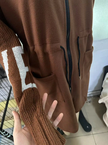 Fashion Oversized Winter Coats Zipper Up Loose Fit Knitted Sweater Long Sleeve Coats Hooded Streetwear Patchwork Trench