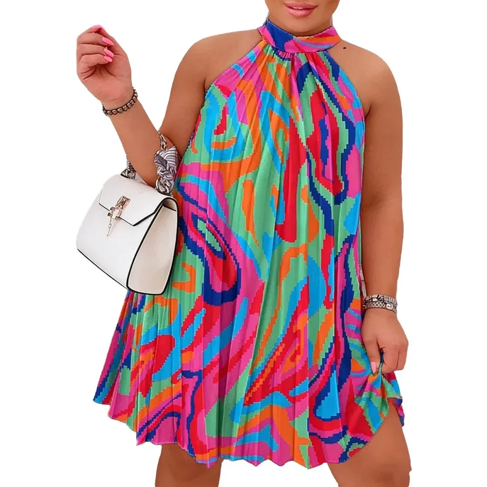 Plus Size Women's Dress Halter Neck No Sleeve Abstract Swirl Print Loose Mini Dress Vibrant Spring Summer Beach Light Dress