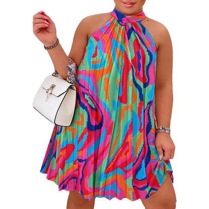 Plus Size Women's Dress Halter Neck No Sleeve Abstract Swirl Print Loose Mini Dress Vibrant Spring Summer Beach Light Dress