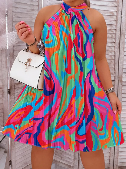 Plus Size Women's Dress Halter Neck No Sleeve Abstract Swirl Print Loose Mini Dress Vibrant Spring Summer Beach Light Dress