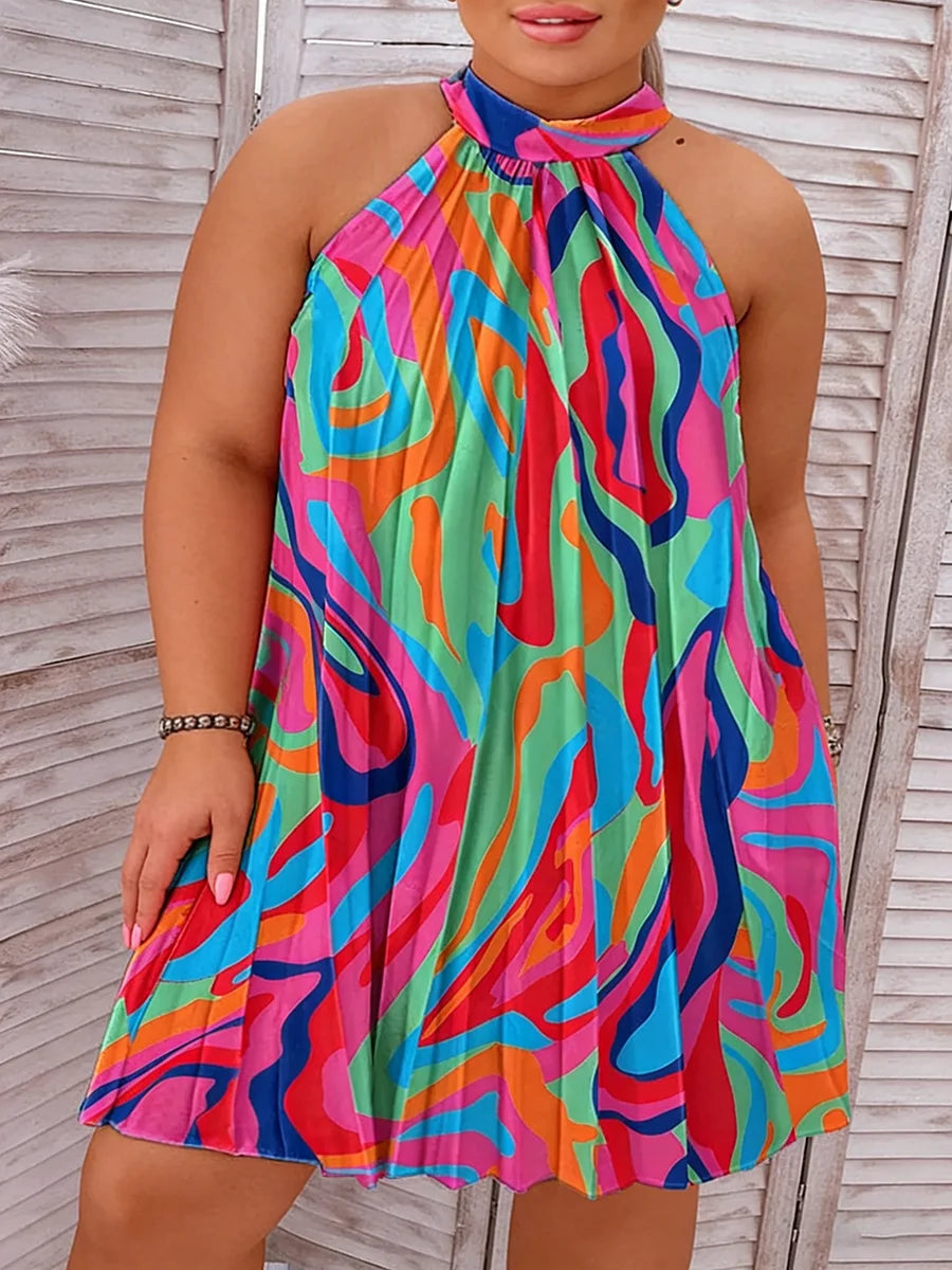 Plus Size Women's Dress Halter Neck No Sleeve Abstract Swirl Print Loose Mini Dress Vibrant Spring Summer Beach Light Dress