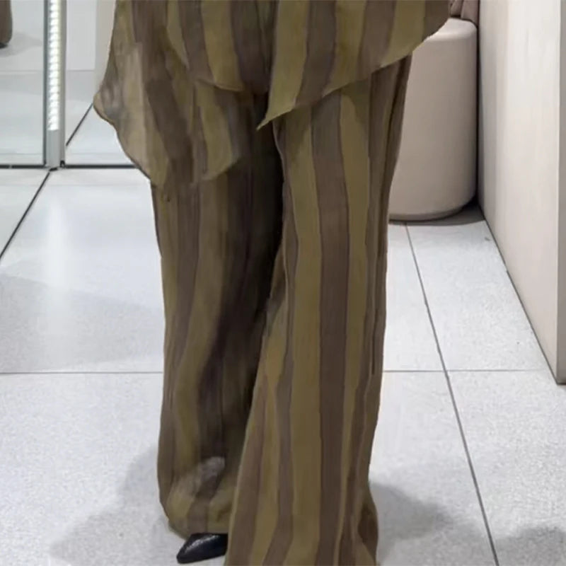 Y2K Green Stripe Long Pant Sets For Women 2026 Spring Summer Halter Vest Top Wide Leg Pant 2 Piece Sets Lady Chic Holiday Outfit