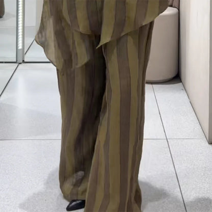 Y2K Green Stripe Long Pant Sets For Women 2026 Spring Summer Halter Vest Top Wide Leg Pant 2 Piece Sets Lady Chic Holiday Outfit