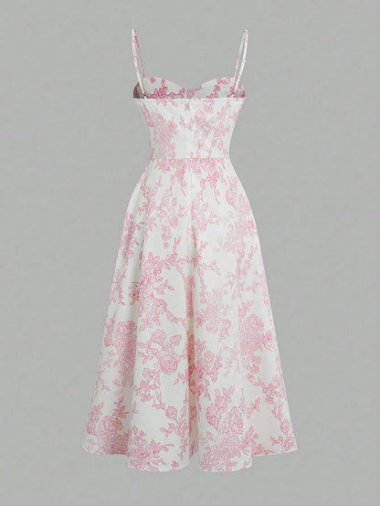 Elegant Pink Floral Print Dress with Thin Straps and a Flared Waist