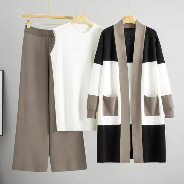 Korean Design Knitted 3 Piece Sets Women White Vest+mid Length Striped Sweater Cardigan Conjuntos High Waist Loose Pants Outfit