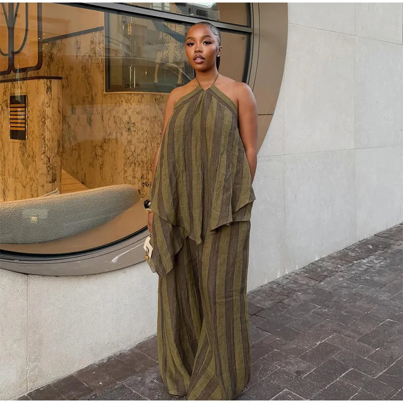 Y2K Green Stripe Long Pant Sets For Women 2026 Spring Summer Halter Vest Top Wide Leg Pant 2 Piece Sets Lady Chic Holiday Outfit