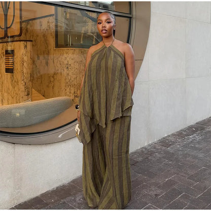 Y2K Green Stripe Long Pant Sets For Women 2026 Spring Summer Halter Vest Top Wide Leg Pant 2 Piece Sets Lady Chic Holiday Outfit