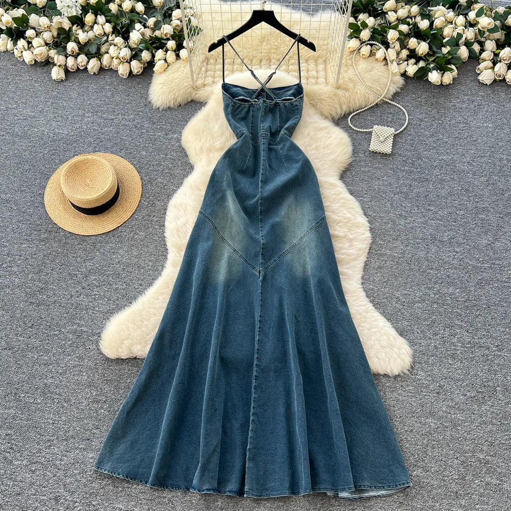 Long Dress Women Denim Dresses Sling Strapless A Line Vestidos Y2k Streetwear Sleeveless Sexy Elegant Party Night Work 2026