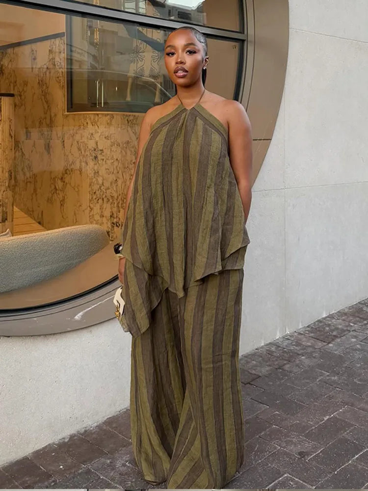 Y2K Green Stripe Long Pant Sets For Women 2026 Spring Summer Halter Vest Top Wide Leg Pant 2 Piece Sets Lady Chic Holiday Outfit