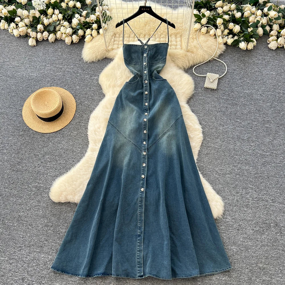 Long Dress Women Denim Dresses Sling Strapless A Line Vestidos Y2k Streetwear Sleeveless Sexy Elegant Party Night Work 2026