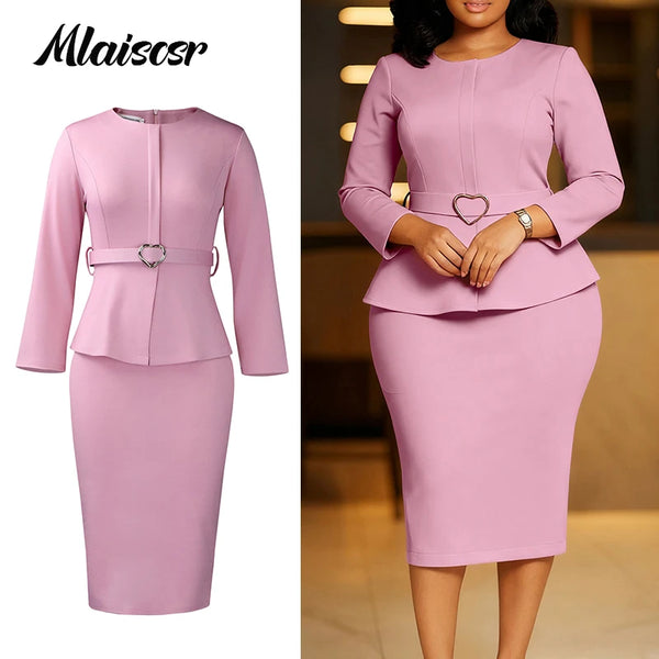 Mlaiscsr African Women Formal Office Work Mid Dress with Belt Evening Club O Neck Long Sleeve High Waist Pencil Bodycon Vestidos