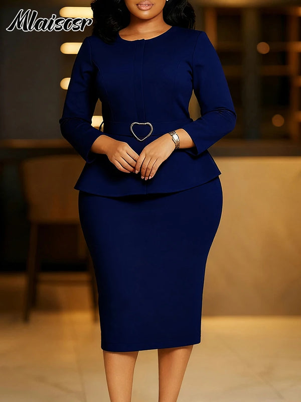 Mlaiscsr African Women Formal Office Work Mid Dress with Belt Evening Club O Neck Long Sleeve High Waist Pencil Bodycon Vestidos