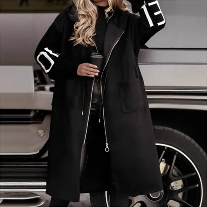 Fashion Oversized Winter Coats Zipper Up Loose Fit Knitted Sweater Long Sleeve Coats Hooded Streetwear Patchwork Trench