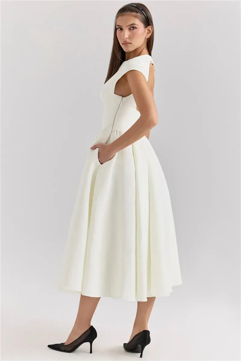 Suninheart Women Circle Cut Out Back Dress Wide Shoulders and Fitted Waist Prom Dress Fluffy Hem Midi Wedding Party Dresses