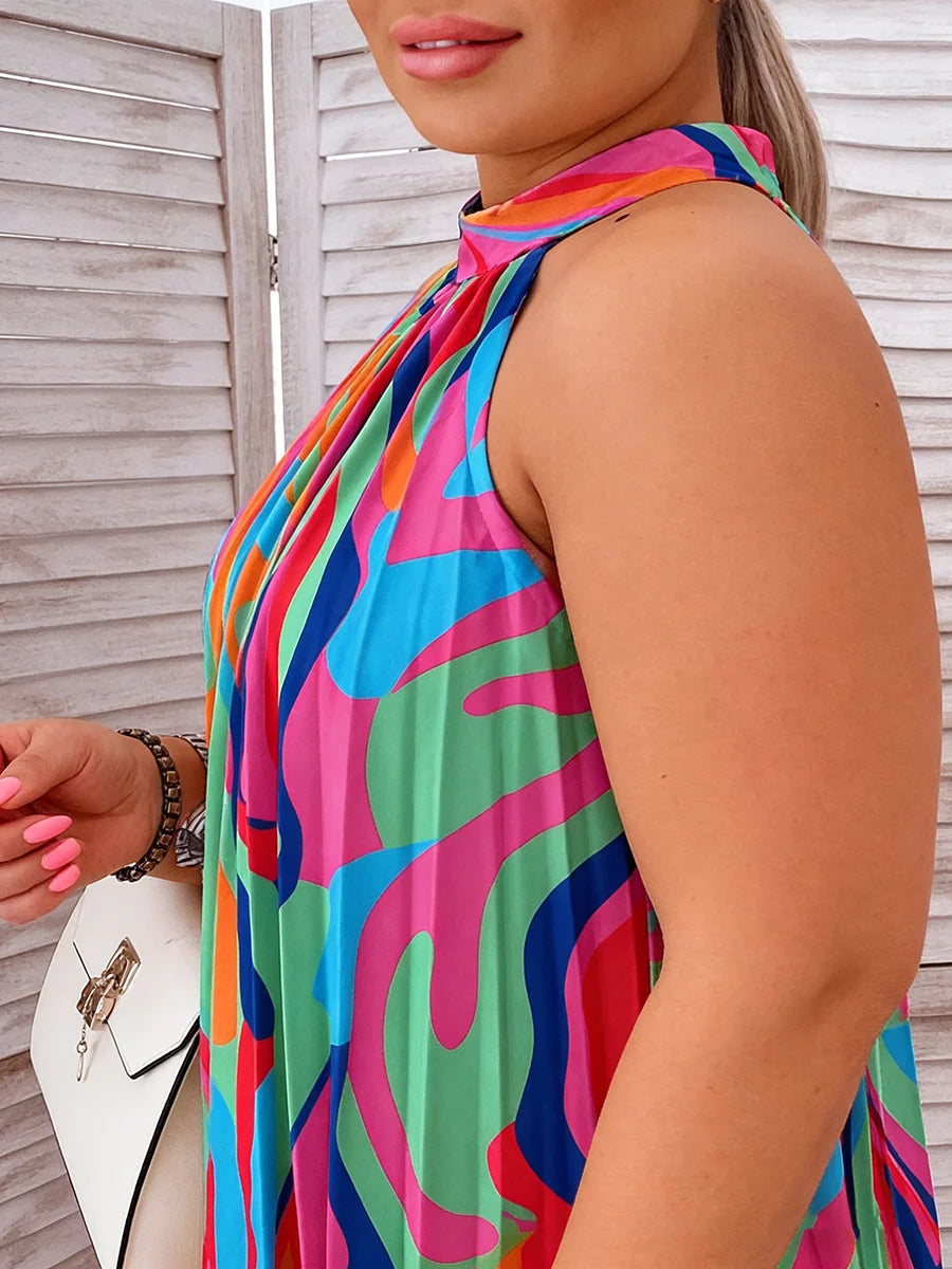 Plus Size Women's Dress Halter Neck No Sleeve Abstract Swirl Print Loose Mini Dress Vibrant Spring Summer Beach Light Dress