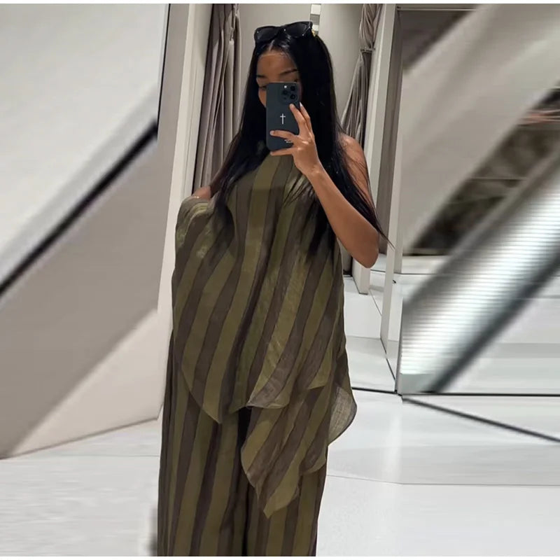 Y2K Green Stripe Long Pant Sets For Women 2026 Spring Summer Halter Vest Top Wide Leg Pant 2 Piece Sets Lady Chic Holiday Outfit