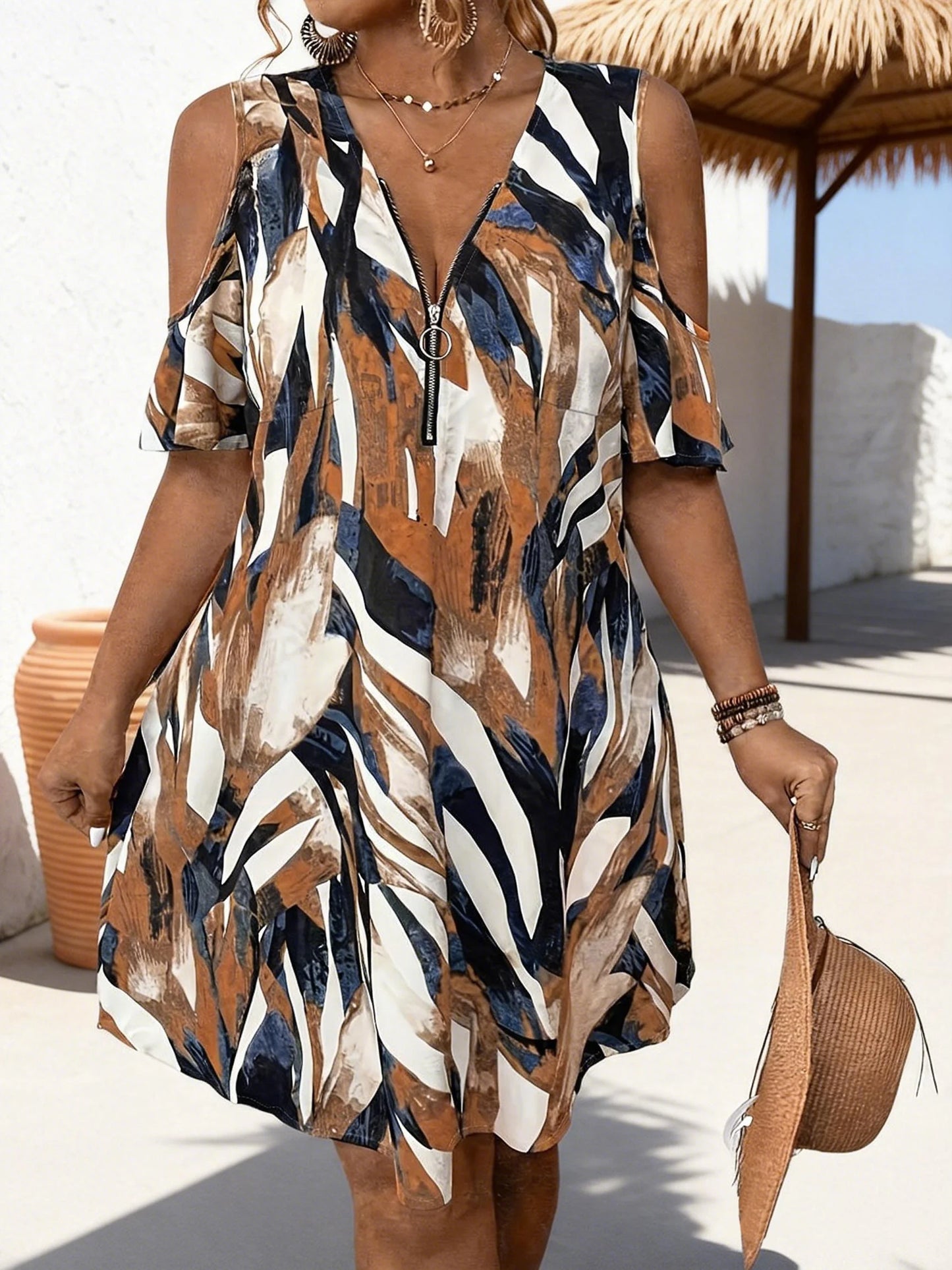 Elegant V-Neck Zipper Sleeveless Large Size Summer Dress for Women Casual Loose Floral Print One Piece Women's Summer Dress