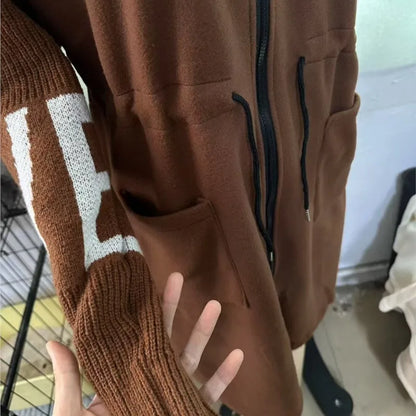 Fashion Oversized Winter Coats Zipper Up Loose Fit Knitted Sweater Long Sleeve Coats Hooded Streetwear Patchwork Trench