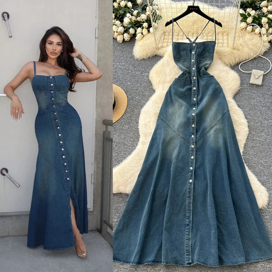 Long Dress Women Denim Dresses Sling Strapless A Line Vestidos Y2k Streetwear Sleeveless Sexy Elegant Party Night Work 2026
