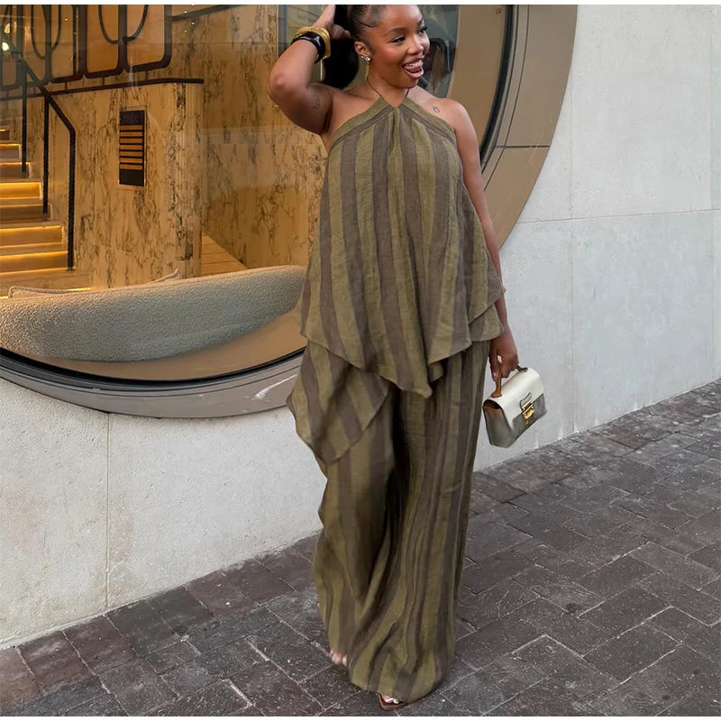 Y2K Green Stripe Long Pant Sets For Women 2026 Spring Summer Halter Vest Top Wide Leg Pant 2 Piece Sets Lady Chic Holiday Outfit