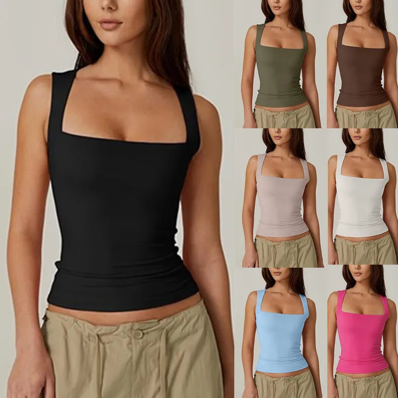 Woman wearing a black tank top with inset images of her in various colored tank tops.