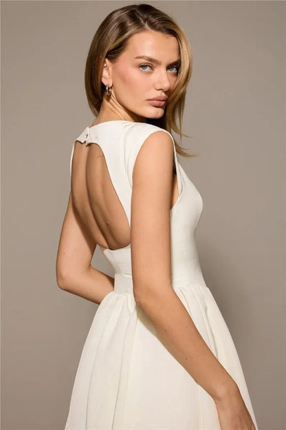 Suninheart Women Circle Cut Out Back Dress Wide Shoulders and Fitted Waist Prom Dress Fluffy Hem Midi Wedding Party Dresses