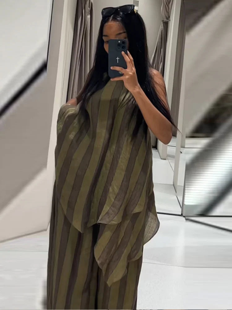 Y2K Green Stripe Long Pant Sets For Women 2026 Spring Summer Halter Vest Top Wide Leg Pant 2 Piece Sets Lady Chic Holiday Outfit