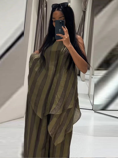 Y2K Green Stripe Long Pant Sets For Women 2026 Spring Summer Halter Vest Top Wide Leg Pant 2 Piece Sets Lady Chic Holiday Outfit