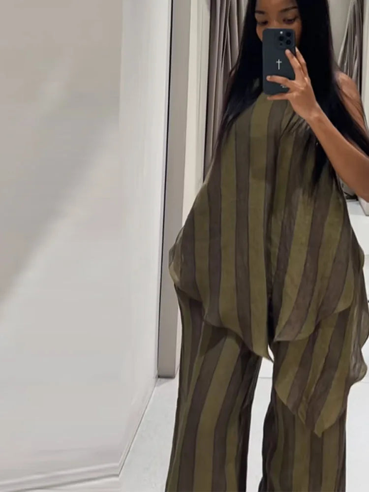 Y2K Green Stripe Long Pant Sets For Women 2026 Spring Summer Halter Vest Top Wide Leg Pant 2 Piece Sets Lady Chic Holiday Outfit