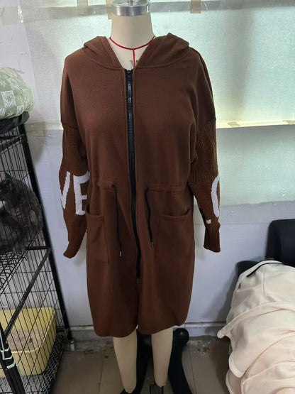 Fashion Oversized Winter Coats Zipper Up Loose Fit Knitted Sweater Long Sleeve Coats Hooded Streetwear Patchwork Trench