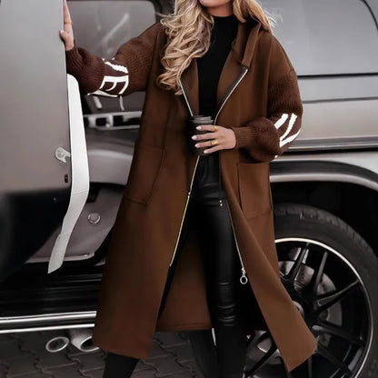 Fashion Oversized Winter Coats Zipper Up Loose Fit Knitted Sweater Long Sleeve Coats Hooded Streetwear Patchwork Trench